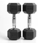 Pair of black hexagonal dumbbells with 5.5 kg marking on a white background