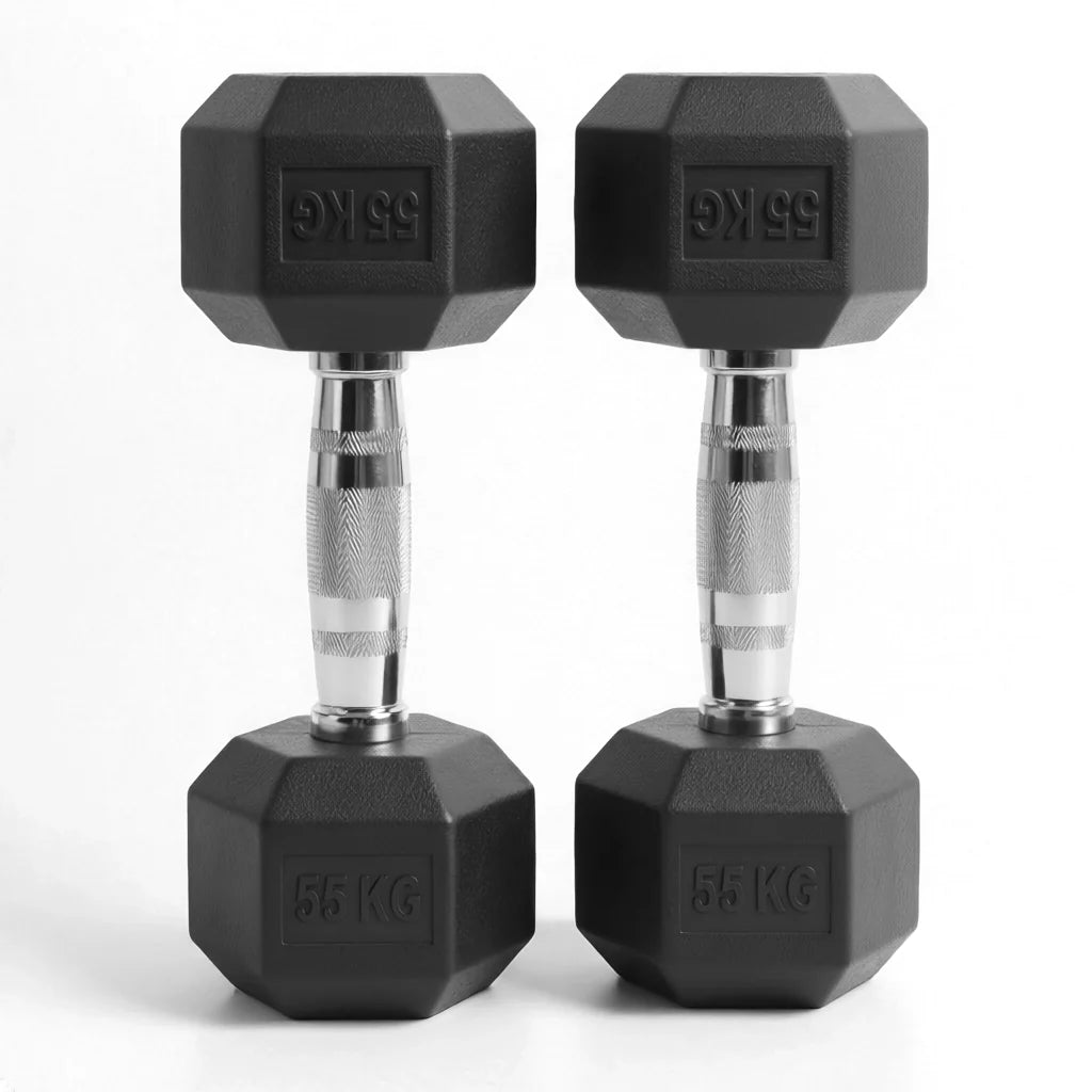 Pair of black hexagonal dumbbells with 5.5 kg marking on a white background