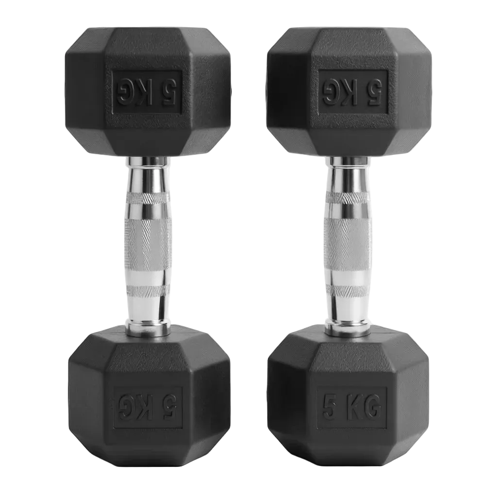 Pair of black hexagonal dumbbells with '5 KG' marking on a white background