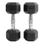 Pair of black hexagonal dumbbells with '5 KG' marking on a white background