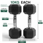 Two black dumbbells labeled '10KG' with measurements on a white background