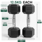 Pair of black hexagonal dumbbells with measurement details on a white background