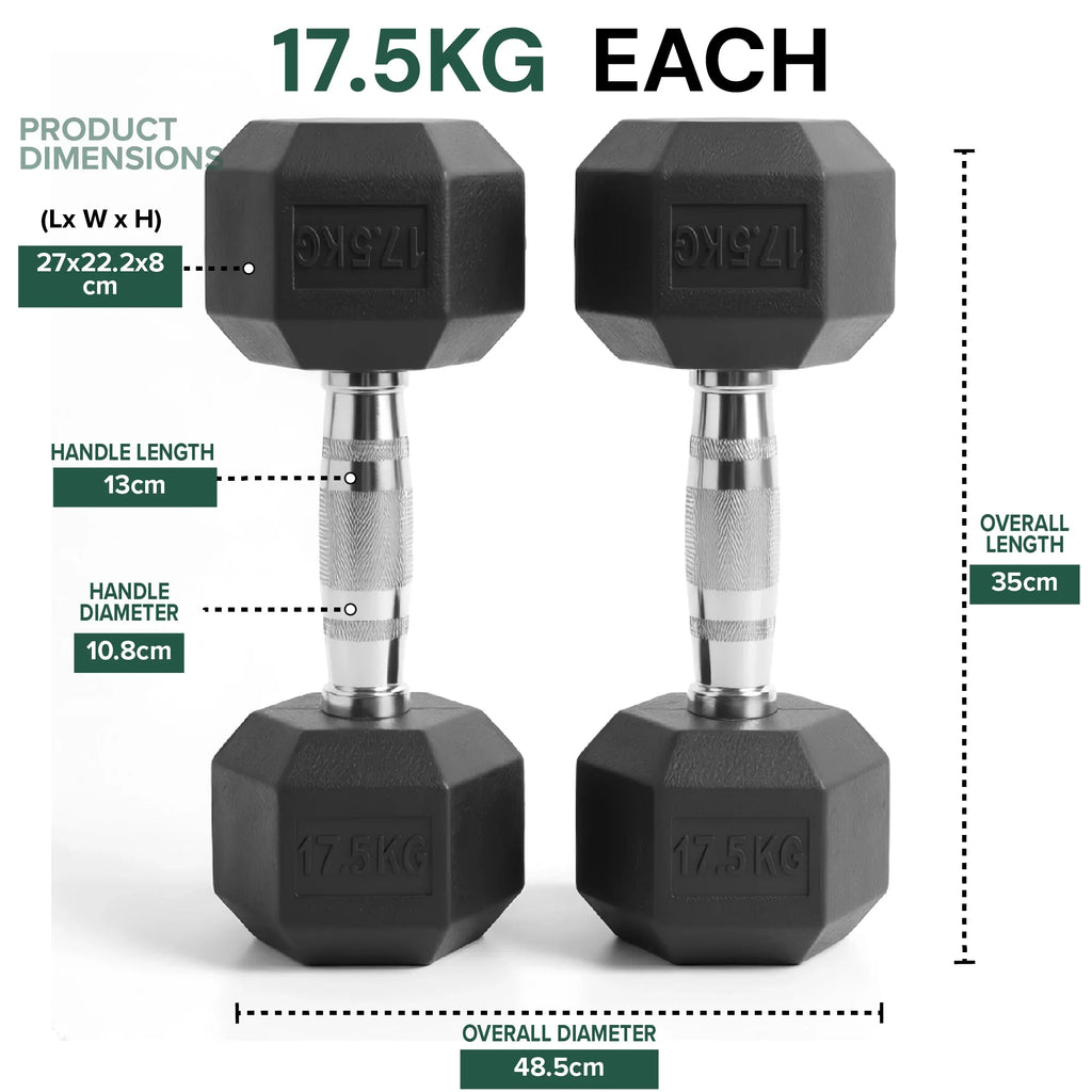Two black dumbbells with measurement details on a white background