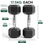 Two black dumbbells with measurement details on a white background