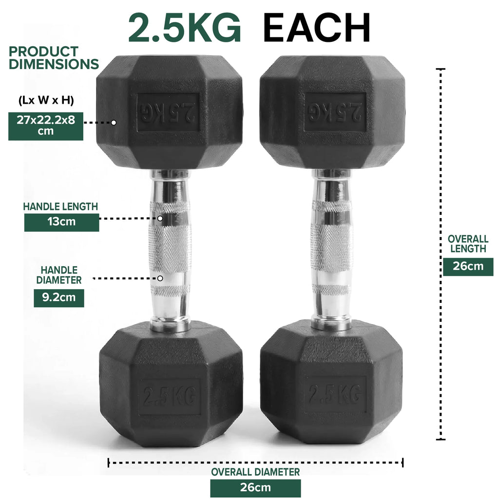 Two 2.5kg dumbbells with dimensions and specifications displayed on a white background