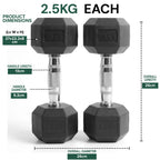 Two 2.5kg dumbbells with dimensions and specifications displayed on a white background