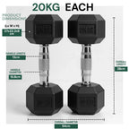 Pair of black hexagonal dumbbells with measurement details on a white background
