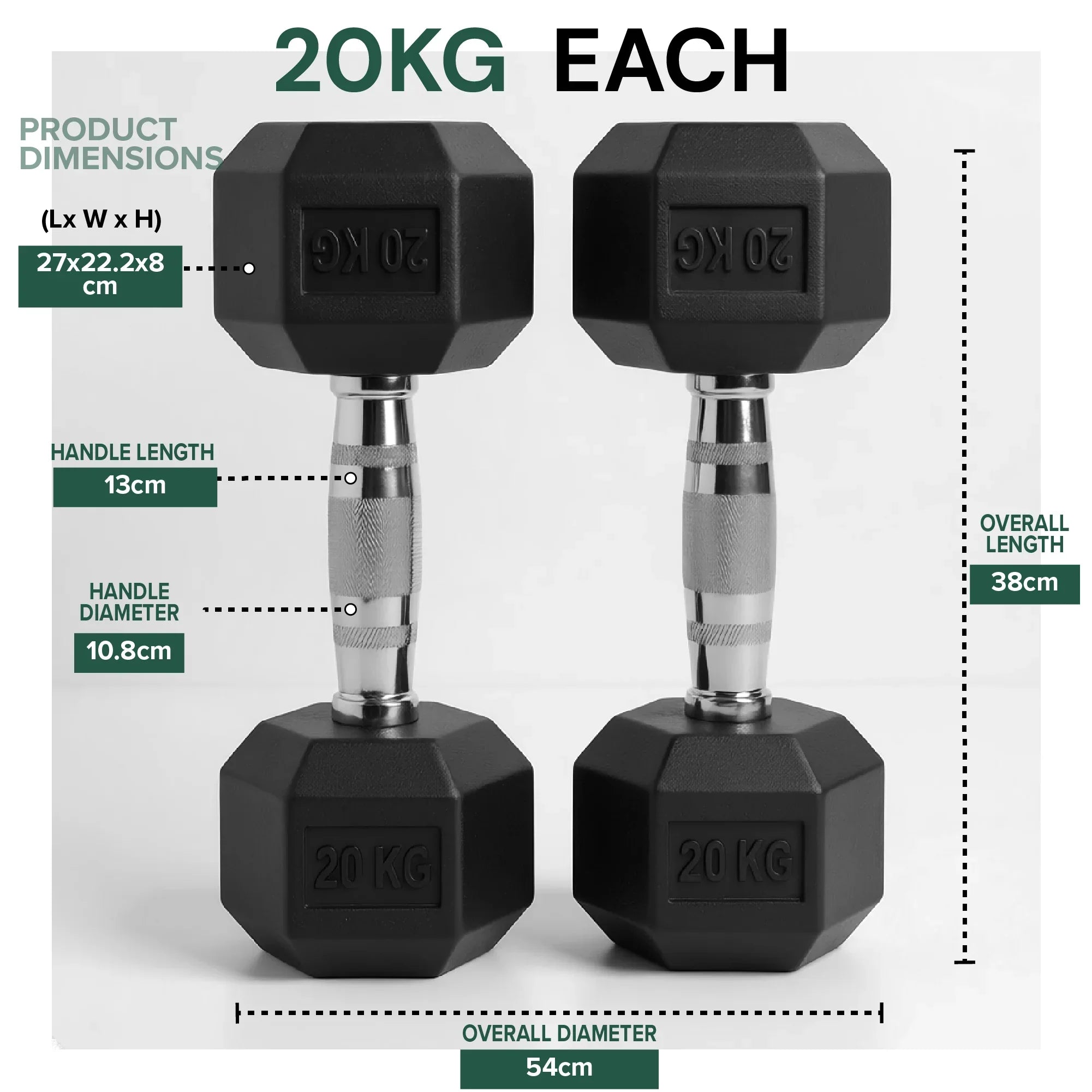 Pair of black hexagonal dumbbells with measurement details on a white background
