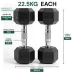 Two black dumbbells with measurement details on a white background
