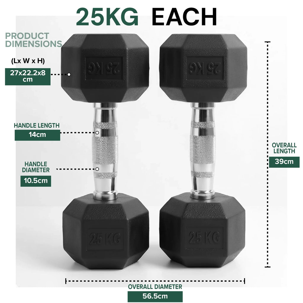 Two black dumbbells with measurement details on a white background