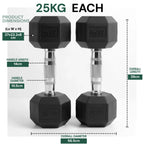 Two black dumbbells with measurement details on a white background