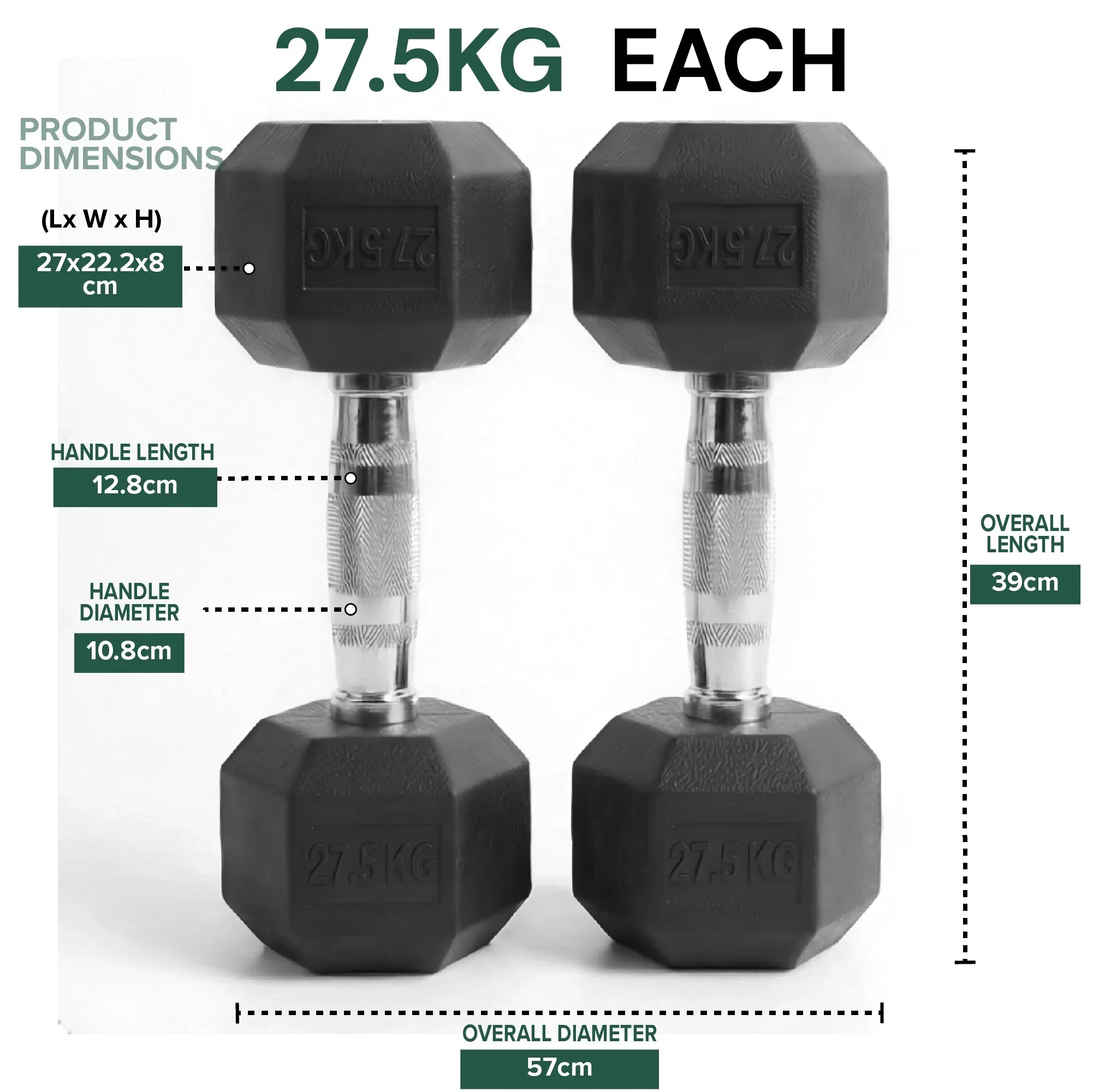 Two black dumbbells with measurement details on a white background