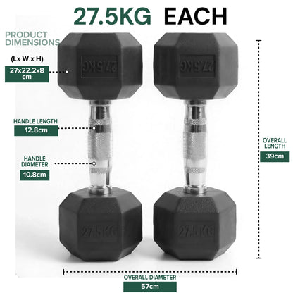 Two black dumbbells with measurement details on a white background