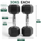 Two 30KG dumbbells with detailed measurements on a white background
