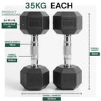 Two 35KG dumbbells with dimensions and specifications on a white background