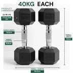 Two 40kg dumbbells with dimensions and specifications on a white background