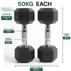 Two black dumbbells labeled '50KG' with dimensions and specifications on a white background.