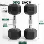 Two 5KG dumbbells with dimensions and product details on a white background