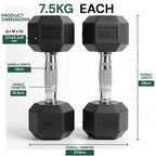 Two black dumbbells with measurement details on a white background