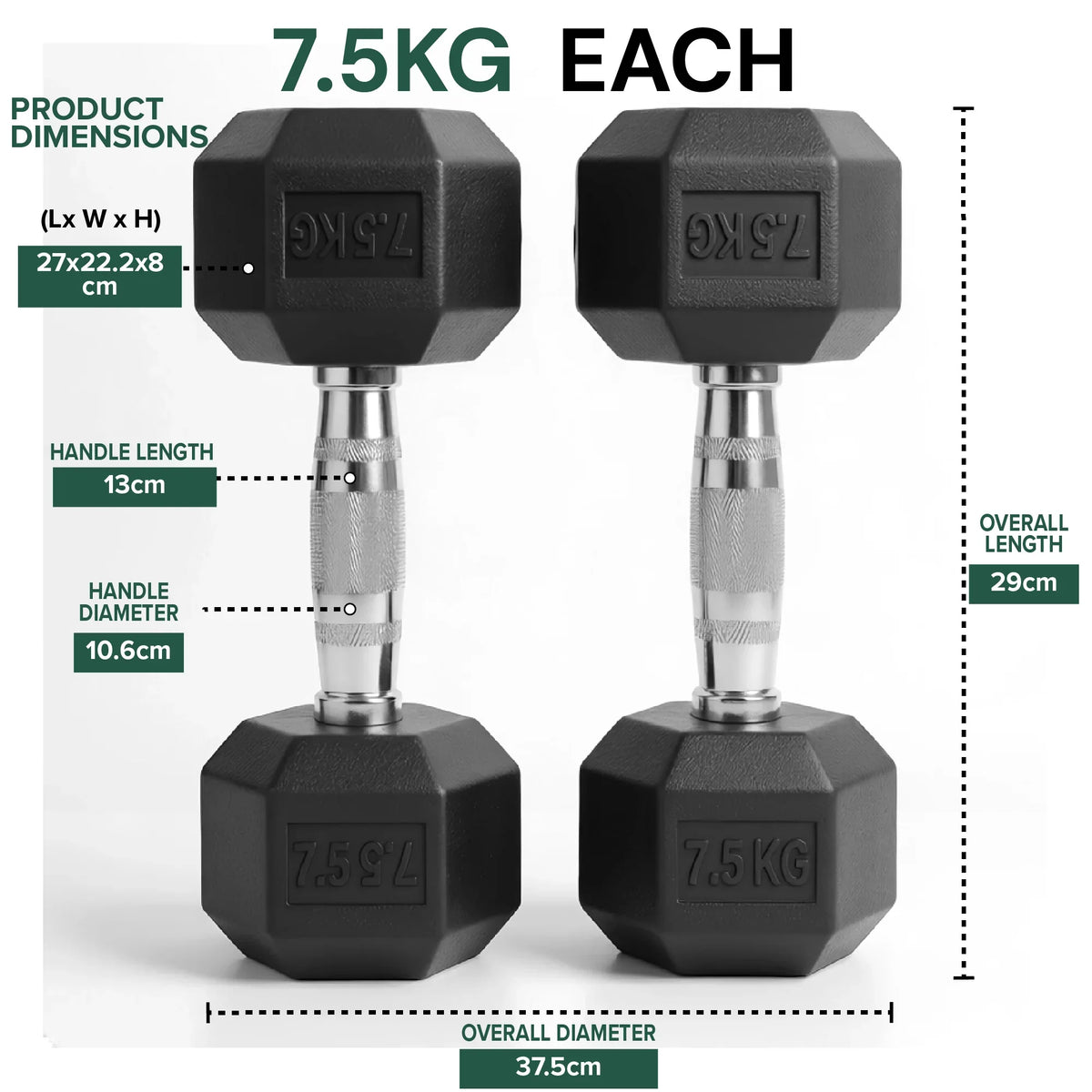 Two black dumbbells with measurement details on a white background