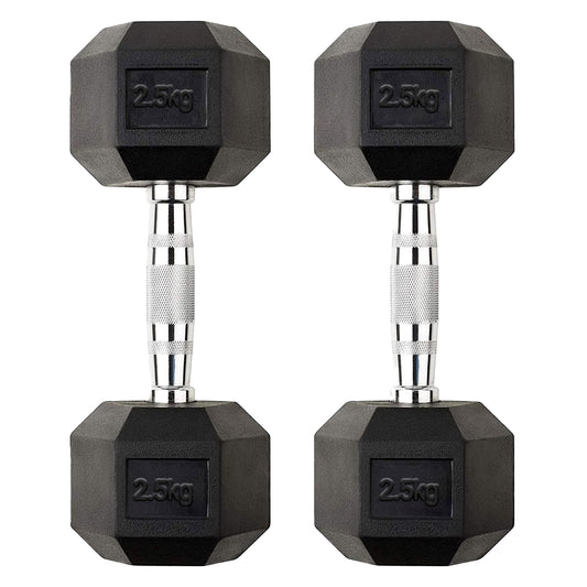 2.5kg Rubber Hex Dumbbells with Metal Handles – Anti-Roll Design for Strength Training, Muscle Toning & Home Gym Workouts – Compact Fitness Weights