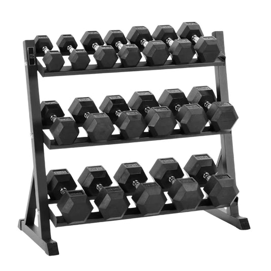 Premium Hex Dumbbells with 3-Layer Rack, 2.5kg to 30kg Rubber-Coated Anti-Roll Weights with Chrome Knurled Handles for Home & Gym Strength Training
