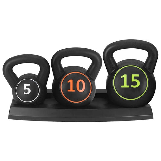 3-Piece Kettlebell Weight Set – 5lb, 10lb, 15lb with Storage Stand | Vinyl-Coated Kettlebells for Home Gym Strength, Cardio, Toning, & Functional Fitness Training