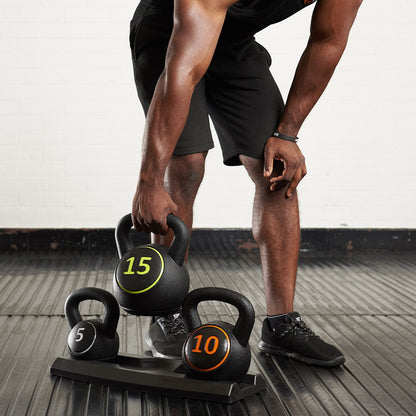 3-Piece Kettlebell Weight Set – 5lb, 10lb, 15lb with Storage Stand | Vinyl-Coated Kettlebells for Home Gym Strength, Cardio, Toning, & Functional Fitness Training
