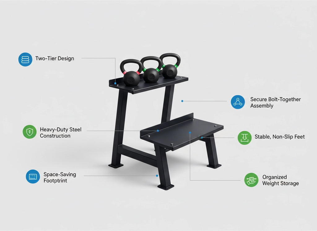Black weight bench with kettlebell storage on a white background
