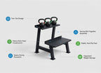 Black weight bench with kettlebell storage on a white background
