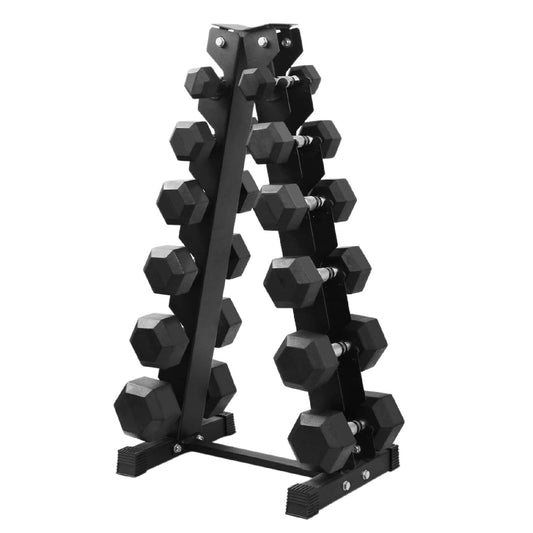 Rubber-Coated Hex Dumbbell Weights 2.5KG–15KG with Optional 6-Tier Rack, Heavy Duty Vertical Dumbbell Stand for Strength Training & Home Gym Storage