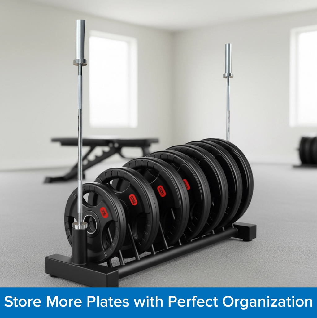 Weight plate storage system with weight plates on a stand in a gym setting
