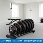 Weight plate storage system with weight plates on a stand in a gym setting