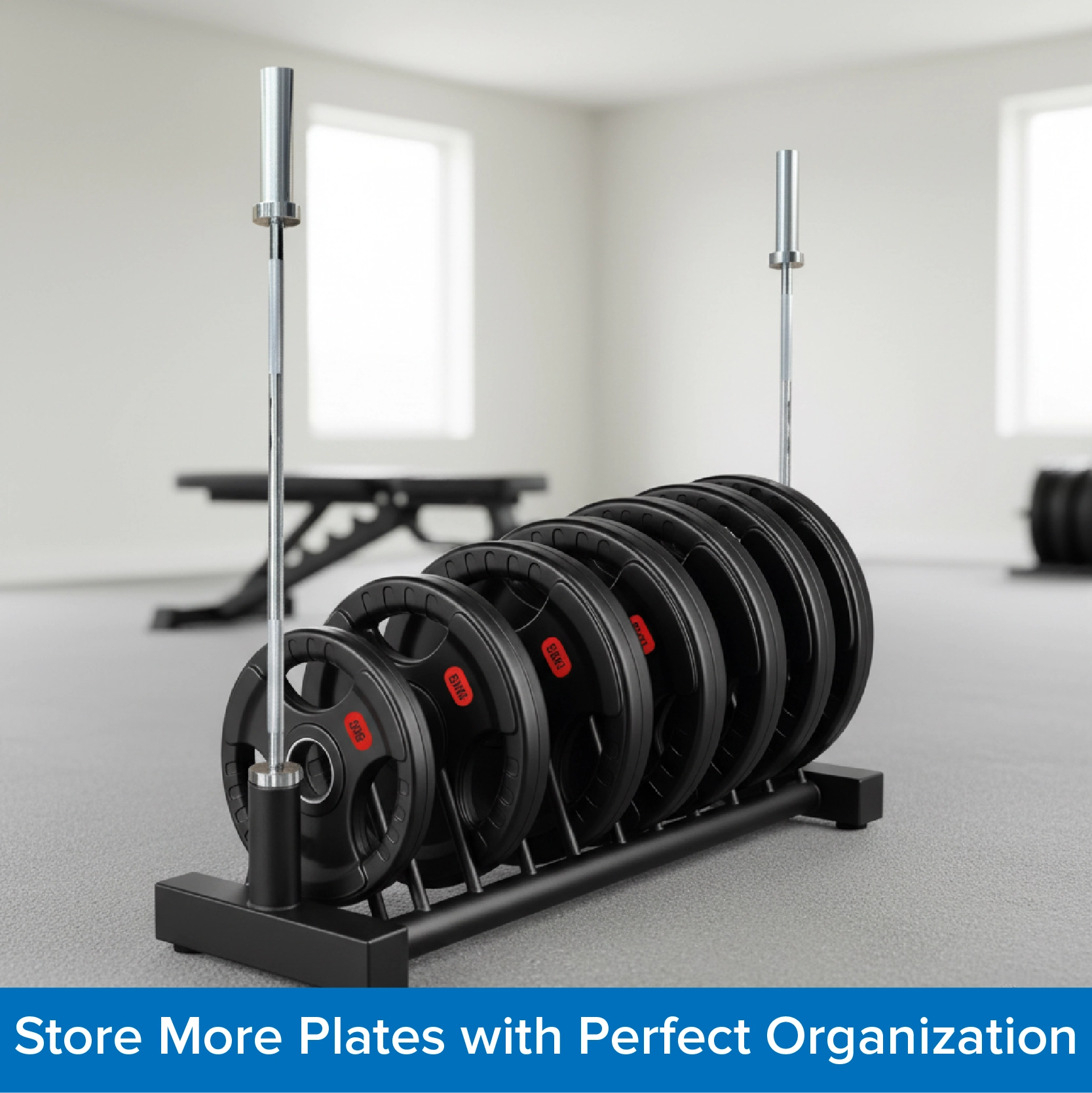 Weight plate storage system with weight plates on a stand in a gym setting