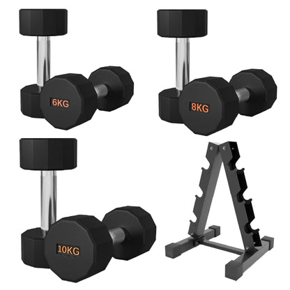 Premium Rubber-Coated Hex Dumbbells – Anti-Roll Design with Knurled Grip, Commercial-Grade Weights