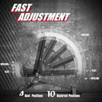 Mechanical device with adjustable positions on a textured gray background, featuring text about fast adjustment and seat/backrest positions.