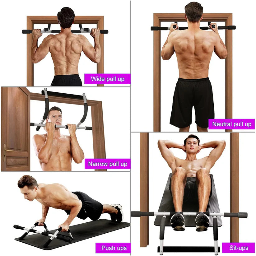 Man demonstrating various pull-up and exercise positions using a pull-up bar and weight bench.